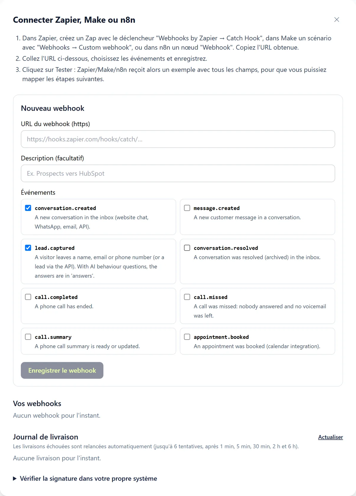 L'assistant Connecter Zapier, Make ou n8n avec des instructions en trois étapes, le formulaire Nouveau webhook et la liste Vos webhooks.
