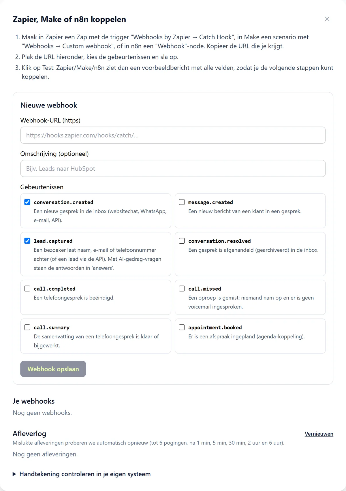 De wizard Zapier, Make of n8n koppelen met uitleg in drie stappen, het formulier Nieuwe webhook en de lijst Je webhooks.