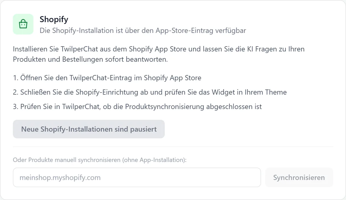 Der Shopify-Installationsblock auf der Seite Integrationen mit den drei Installationsschritten und einem Feld, um Produkte manuell zu synchronisieren.