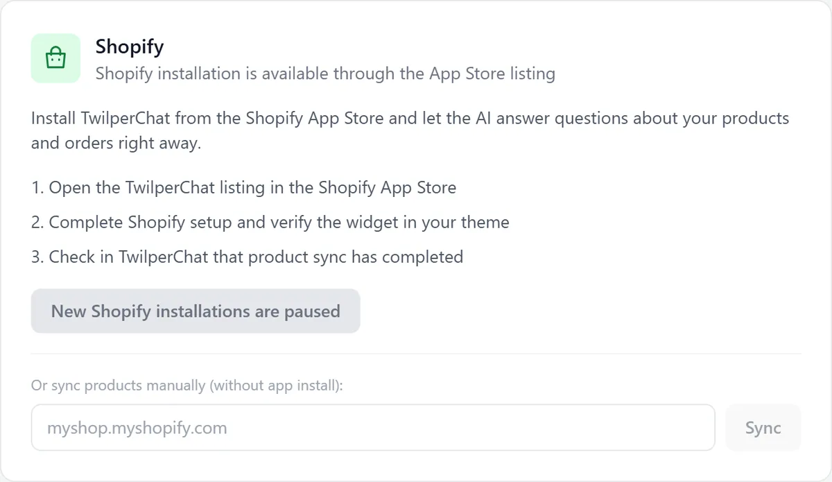 The Shopify install block on the Integrations page with the three installation steps and a field to sync products manually.