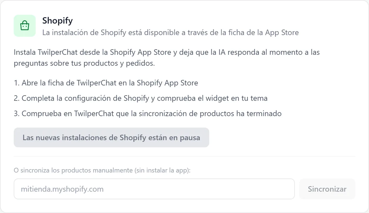 El bloque de instalación de Shopify en la página Integraciones con los tres pasos de instalación y un campo para sincronizar productos manualmente.