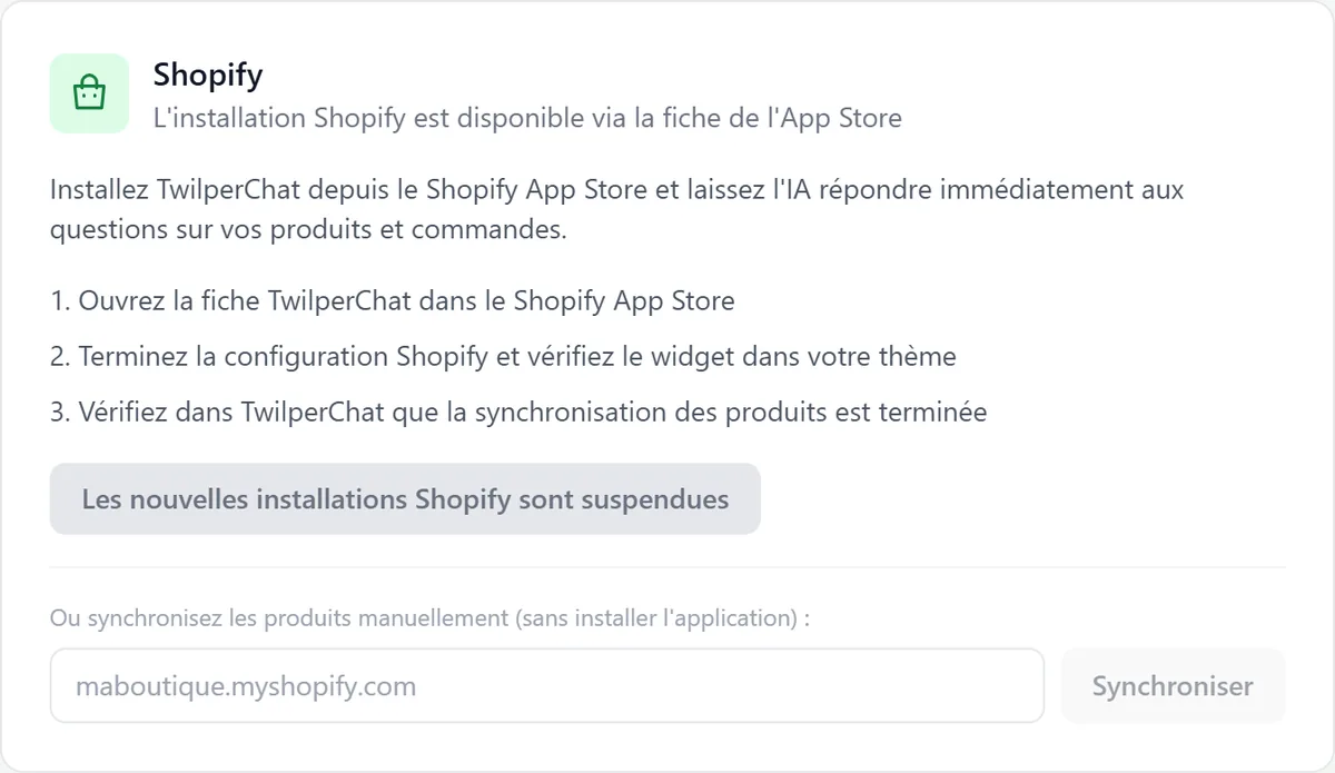 Le bloc d'installation Shopify sur la page Intégrations avec les trois étapes d'installation et un champ pour synchroniser les produits manuellement.