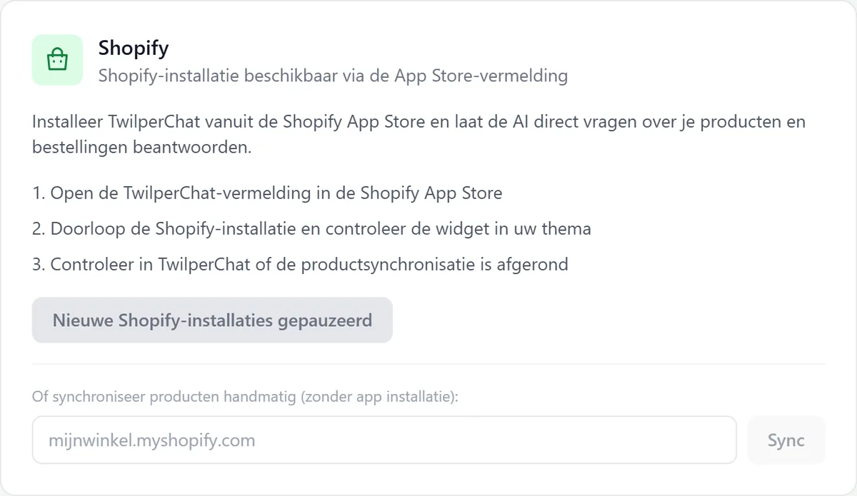 Het installatieblok Shopify op de pagina Integraties met de drie installatiestappen en een veld om producten handmatig te synchroniseren.