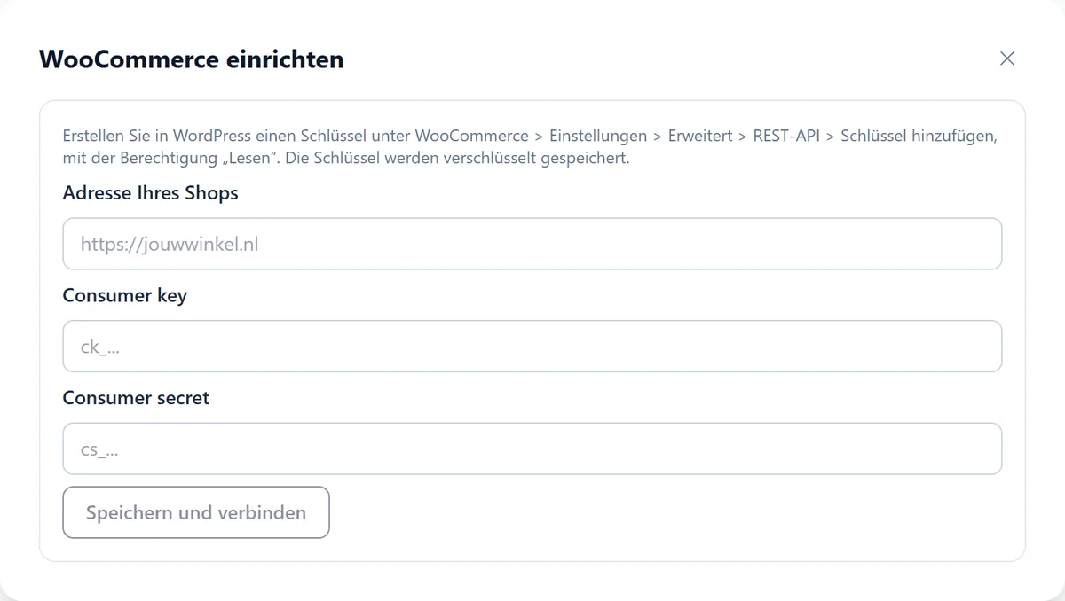 Der Assistent WooCommerce einrichten mit Feldern für die Shop-Adresse, den Consumer Key und das Consumer Secret und der Schaltfläche Speichern und verbinden.