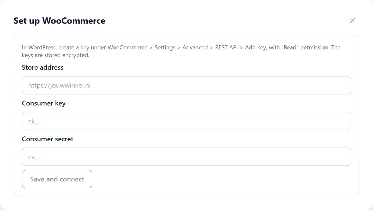 The Set up WooCommerce wizard with fields for the store address, consumer key and consumer secret and the Save and connect button.