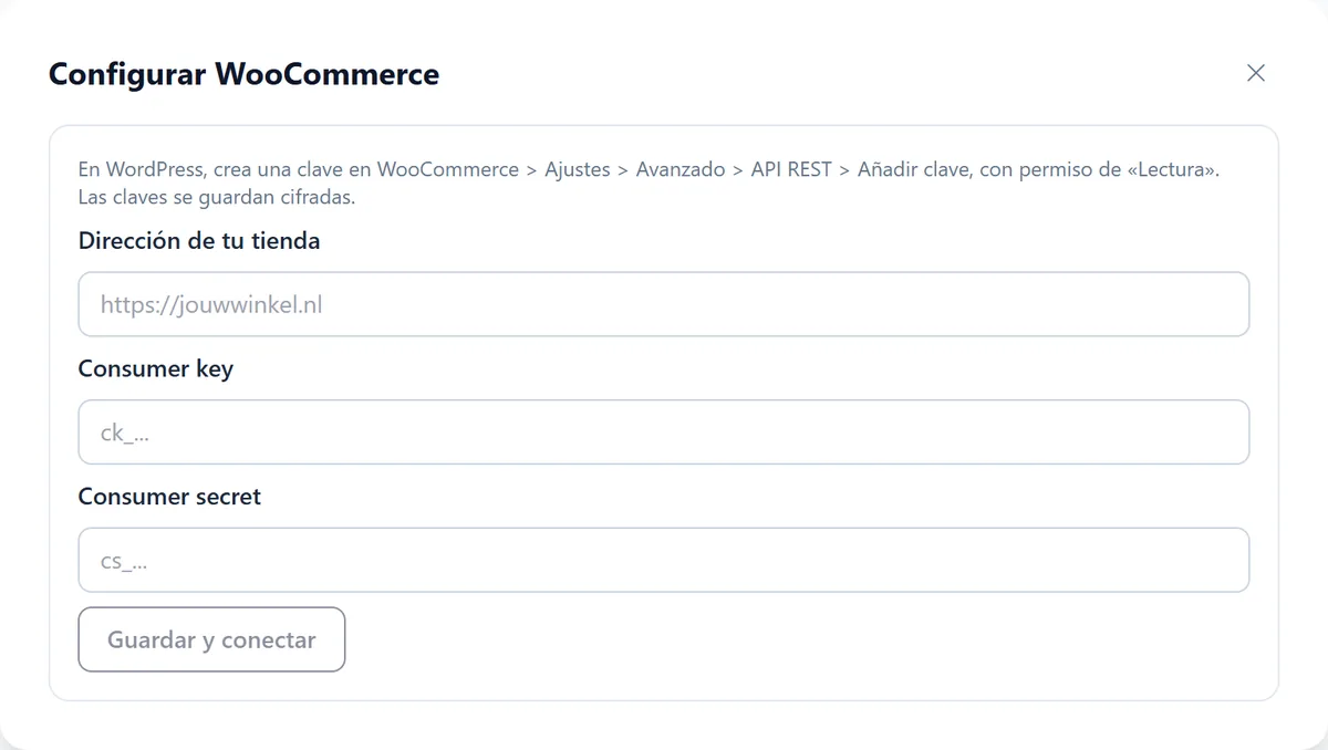 El asistente Configurar WooCommerce con campos para la dirección de la tienda, la consumer key y el consumer secret y el botón Guardar y conectar.
