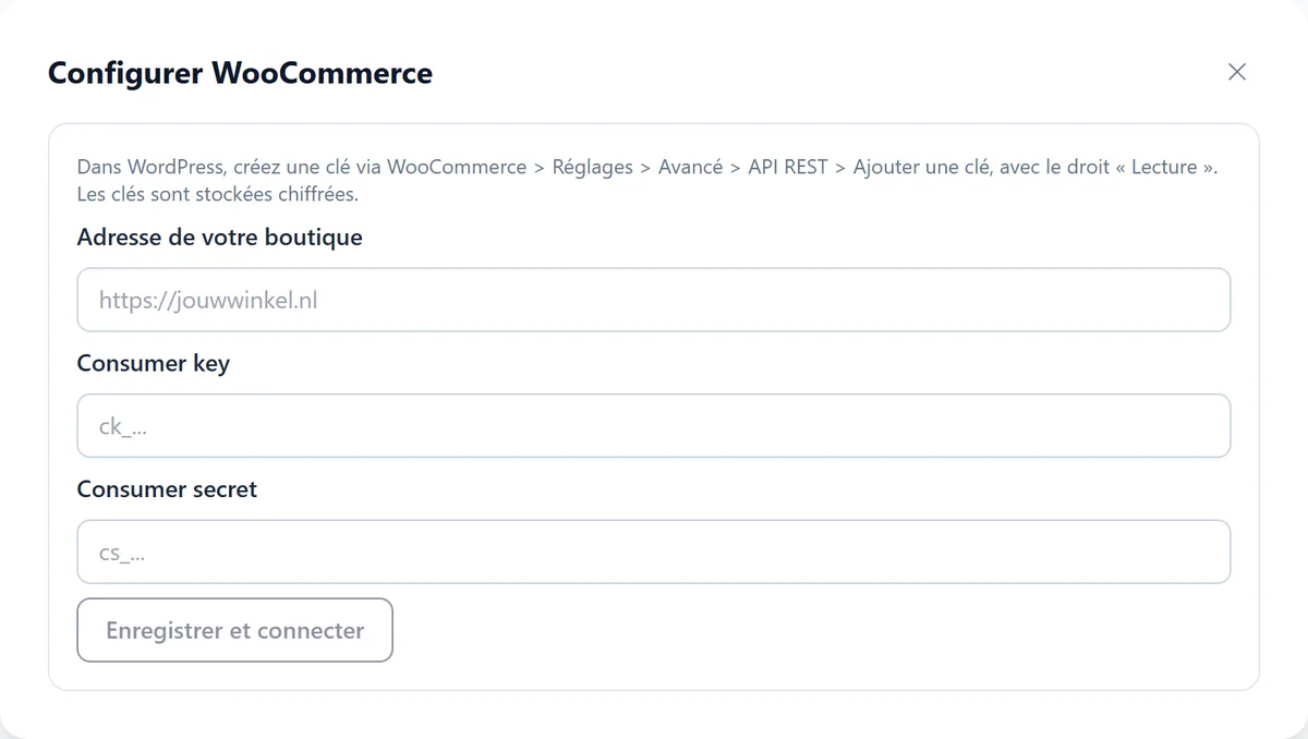 L'assistant de configuration WooCommerce avec les champs pour l'adresse de la boutique, la consumer key et le consumer secret et le bouton Enregistrer et connecter.
