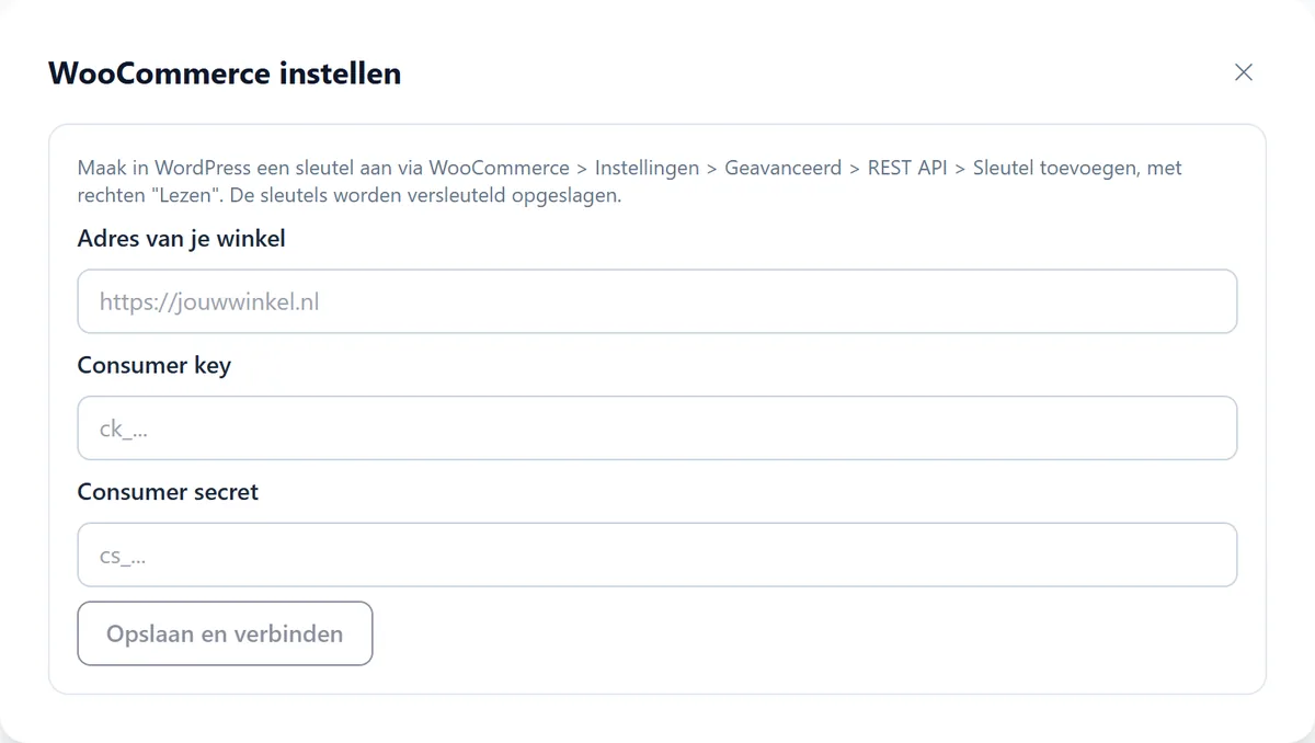 De wizard WooCommerce instellen met de velden Adres van je winkel, Consumer key en Consumer secret en de knop Opslaan en verbinden.
