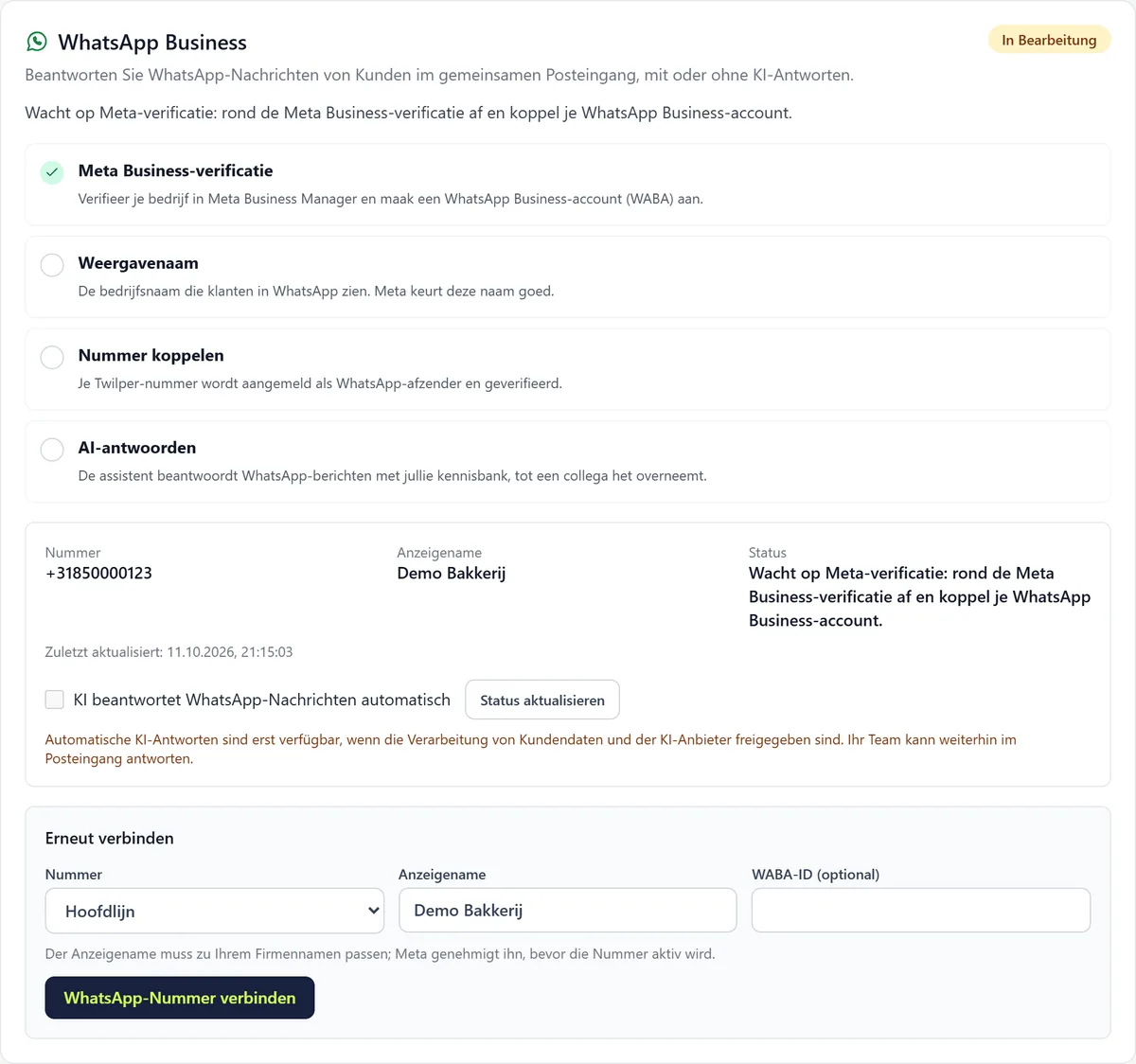 Kanäle, Registerkarte WhatsApp, mit den Schritten, dem Status Warten auf die Meta-Verifizierung, dem Schalter für KI-Antworten und dem Formular zum Verbinden der Nummer.