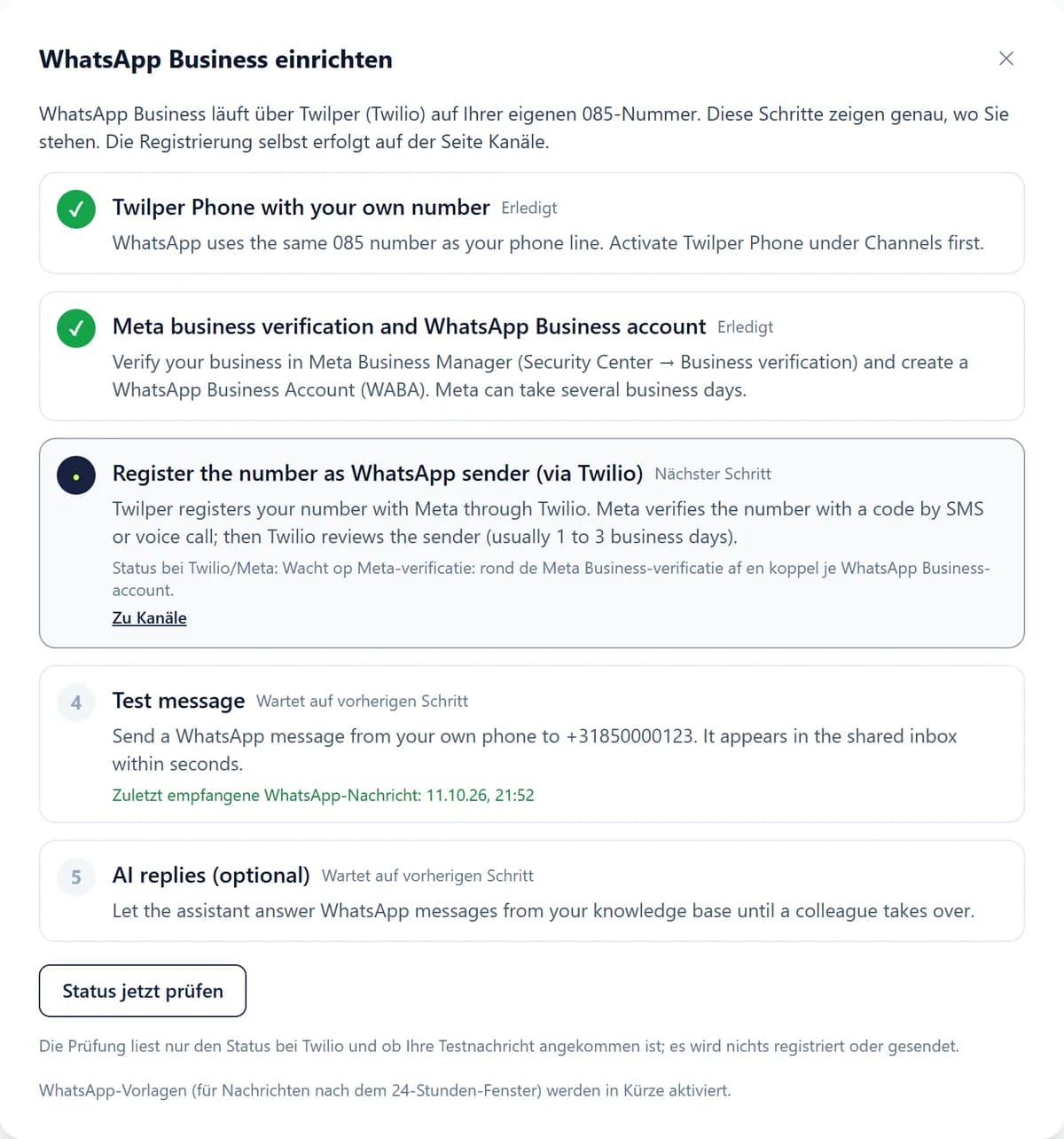 Der Assistent WhatsApp Business einrichten: Twilper Telefonie und die Meta-Unternehmensverifizierung sind erledigt, die Registrierung der Nummer als WhatsApp-Absender ist der nächste Schritt, danach folgen Testnachricht und KI-Antworten.