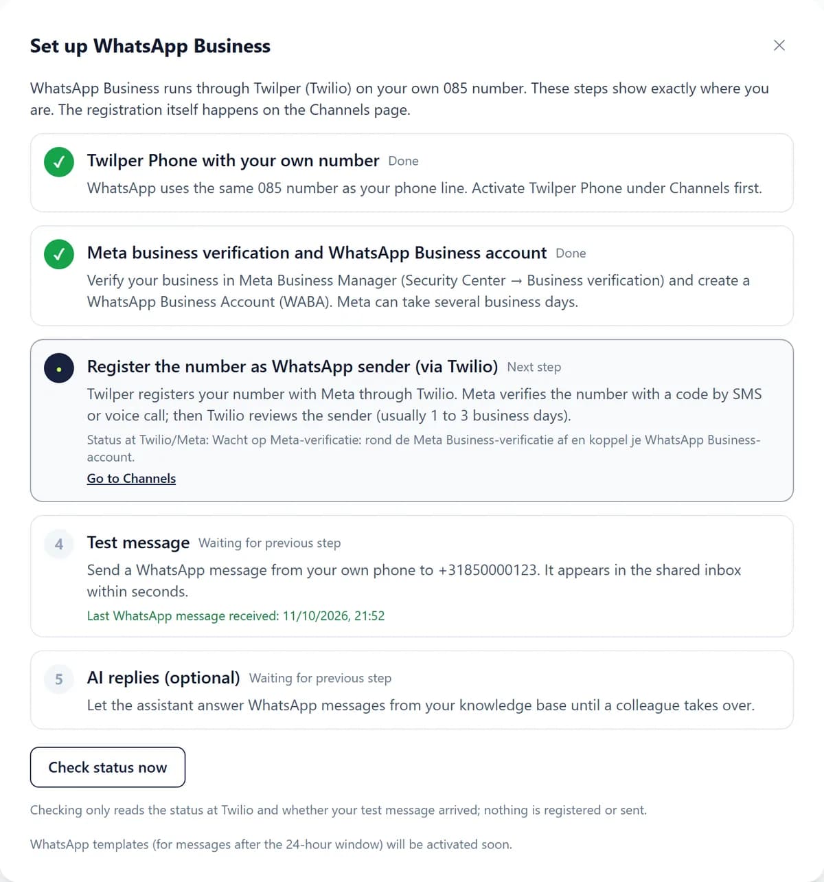 The Set up WhatsApp Business wizard: Twilper Phone and Meta business verification are done, registering the number as WhatsApp sender is the next step, followed by Test message and AI replies.