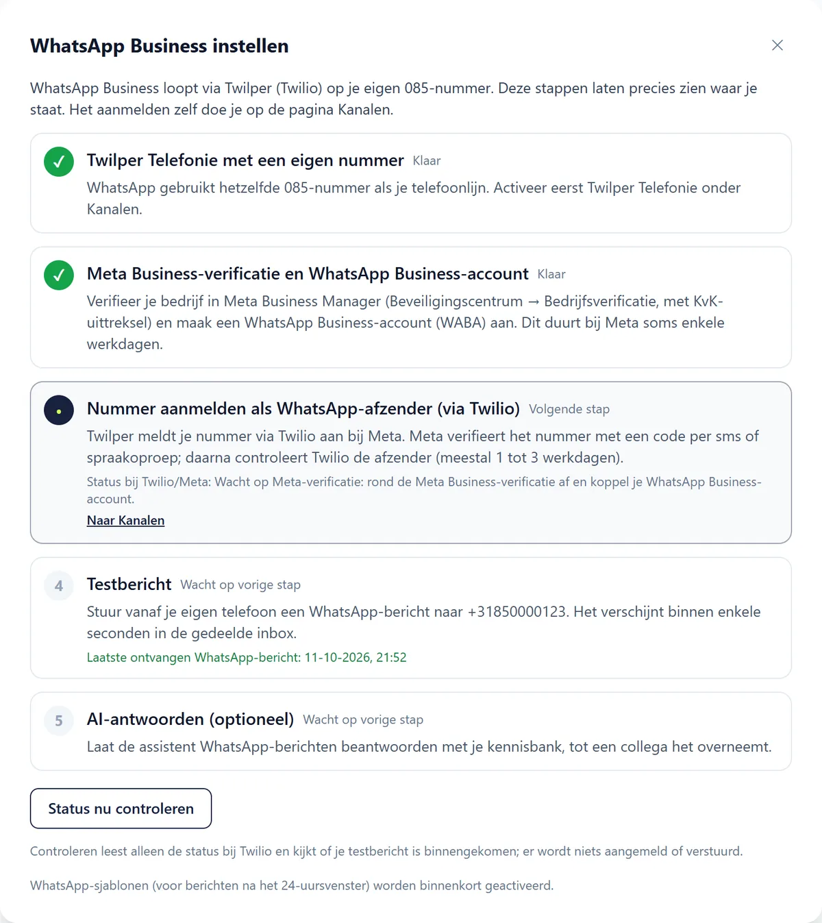 De wizard WhatsApp Business instellen: Twilper Telefonie en Meta Business-verificatie zijn klaar, Nummer aanmelden als WhatsApp-afzender is de volgende stap, daarna Testbericht en AI-antwoorden.