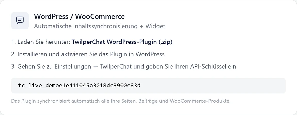 Der Block WordPress / WooCommerce in Twilper mit dem Download-Link für die ZIP-Datei, drei Schritten und dem Widget-Schlüssel des Demo-Arbeitsbereichs.