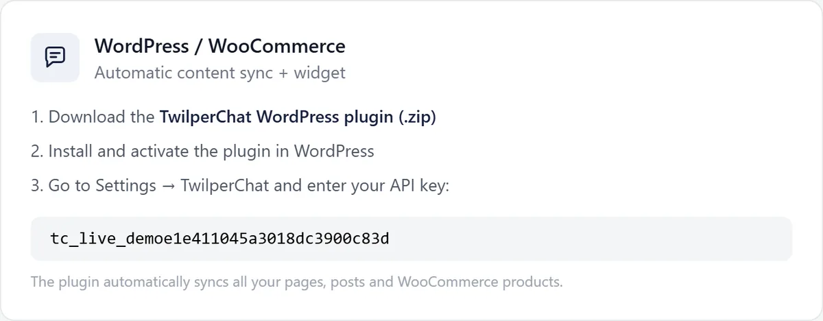 The WordPress / WooCommerce block in Twilper with the zip download link, three steps and the widget key of the demo workspace.