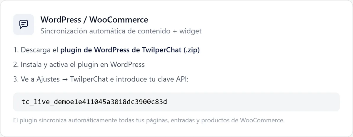El bloque de WordPress / WooCommerce en Twilper con el enlace de descarga del zip, tres pasos y la clave del widget del espacio de trabajo de demostración.