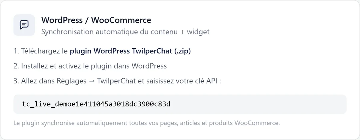 Le bloc WordPress / WooCommerce dans Twilper avec le lien de téléchargement du fichier zip, trois étapes et la clé de widget de l'espace de travail de démonstration.