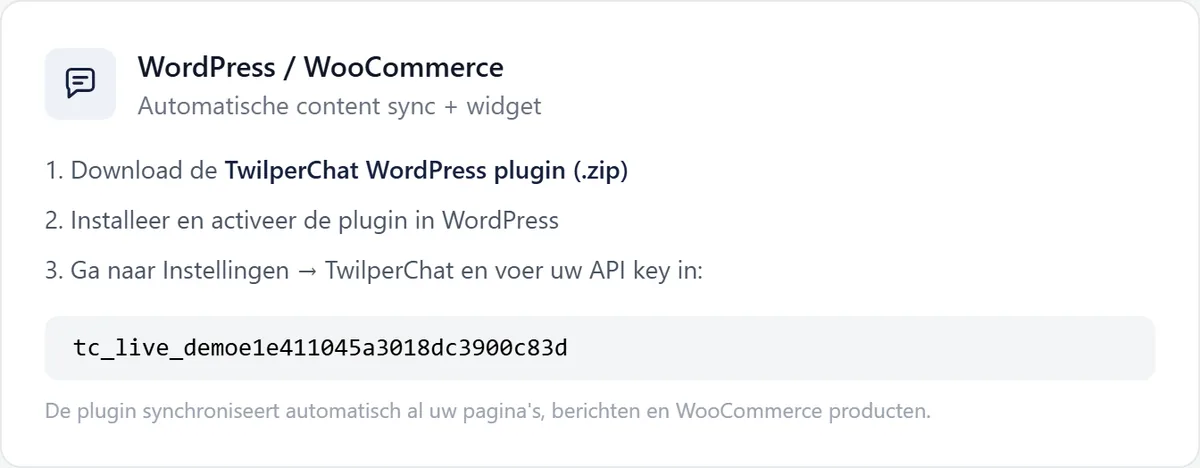 Het blok WordPress / WooCommerce in Twilper met de downloadlink voor het zip-bestand, drie stappen en de widgetsleutel van de demowerkruimte.