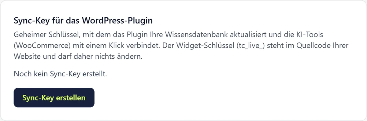 Die Karte Sync-Key für das WordPress-Plugin mit einer Erklärung und der Schaltfläche Sync-Key erstellen.