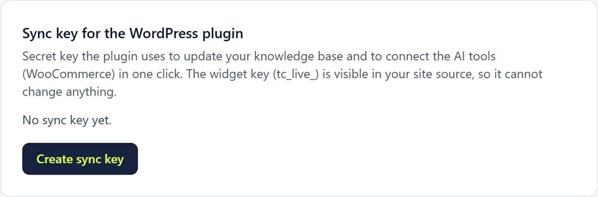 The card Sync key for the WordPress plugin with an explanation and the button to create a sync key.
