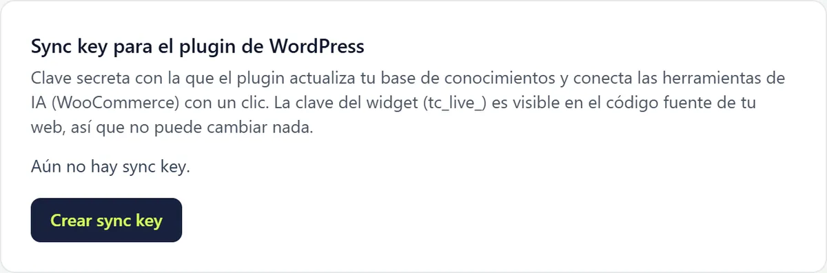 La tarjeta Sync key para el plugin de WordPress con una explicación y el botón para crear una sync key.