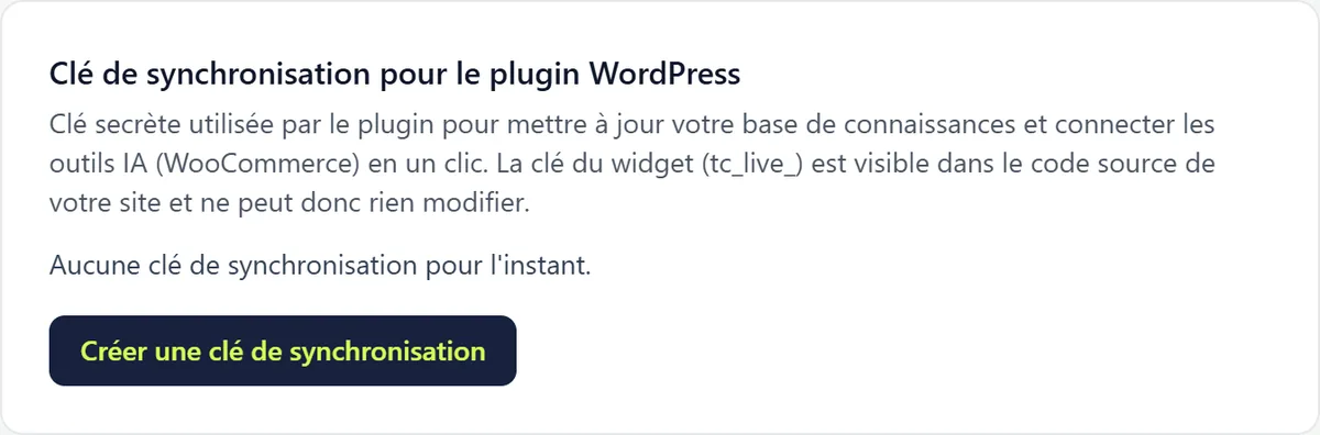 La carte Clé de synchronisation pour le plugin WordPress avec une explication et le bouton pour créer une clé de synchronisation.