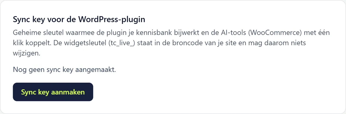 De kaart Sync key voor de WordPress-plugin met uitleg en de knop Sync key aanmaken.